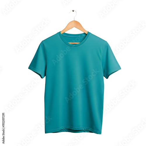 A teal t-shirt hanging on a wooden hanger isolated on transparent background