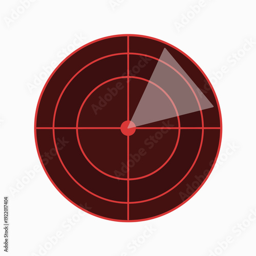 Radar screen icon, Red and black radar screen icon with scanning beam, sonar technology and target detection system concept, flat vector illustration.