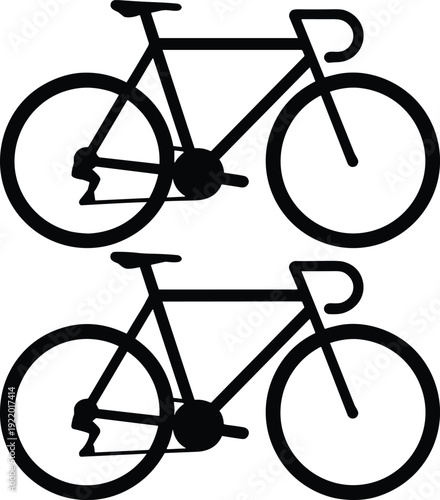 Black silhouettes of two identical road bicycles arranged vertically with drop handlebars, triangular frames, wheels, pedals, and chain system representing cycling, transportation, and design 