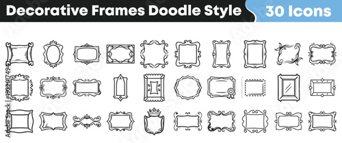 Collection of thirty hand drawn decorative frames and borders featuring various vintage doodle style shapes for design projects