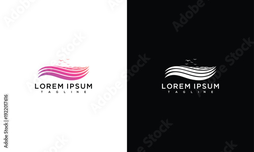 Modern Abstract Wave Logo with Flying Birds - Gradient  Monochrome Brand Identity Vector.