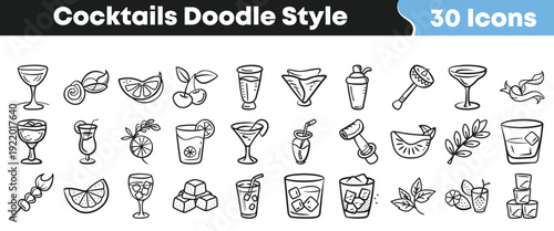 A collection of thirty hand drawn cocktail and bar accessory doodle style icons perfect for mixology and refreshment themed designs