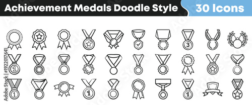Doodle style collection of achievement medals and award icons featuring various designs representing success, victory, and honor for winning competitions or reaching goals.