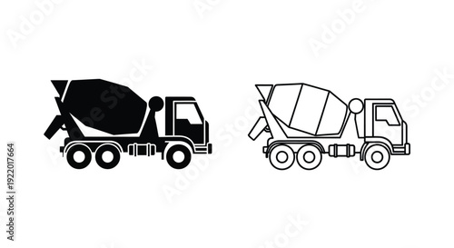 Two concrete mixer truck illustrations in contrasting styles silhouette