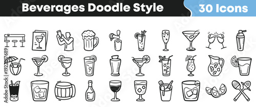 Collection of thirty hand drawn doodle style icons representing various types of beverages served in bars and restaurants