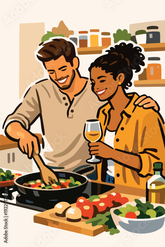 Ilustración de pareja feliz cocinando en casa
