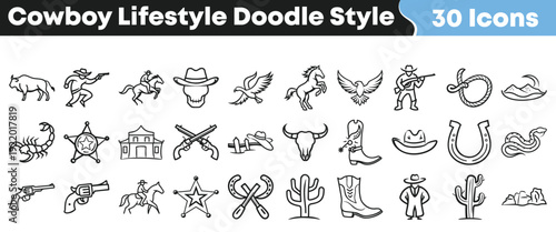 Collection of thirty hand drawn doodle style icons representing various elements of the classic American cowboy lifestyle and western themes