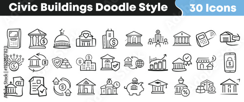 Collection of thirty hand drawn doodle style icons representing various civic buildings financial transactions and security concepts clearly displayed