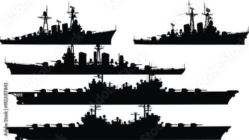 Silhouettes of diverse naval warships including destroyers, cruisers, and aircraft carriers with radar masts, gun turrets, and deck equipment isolated on white background illustration