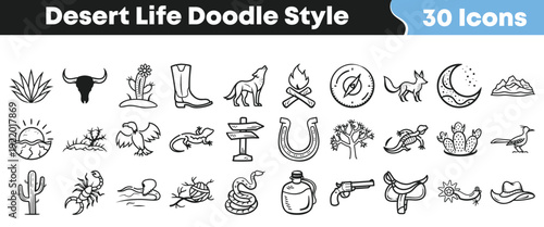 Diverse collection of hand-drawn desert life doodle style icons featuring wildlife, plants, and western elements, perfect for rustic adventure themes and graphic design projects.