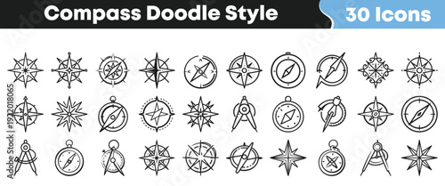 A collection of thirty unique hand-drawn doodle style compass icons perfect for navigation, travel, map design, and exploration themes, featuring various direction symbols.