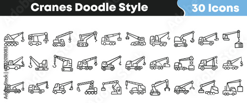 Collection of thirty unique doodle style black and white vector icons representing various types of construction cranes and heavy lifting machinery.
