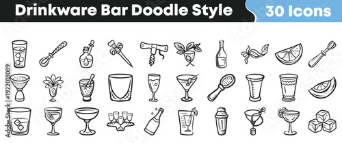 Collection of thirty hand drawn doodle style icons representing various drinkware cocktail tools and bar accessories for celebration design.