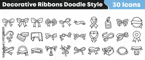 Charming hand-drawn decorative ribbons, bows, and banners in a delightful doodle style, offering a versatile collection of icons perfect for adding a touch of playful elegance.