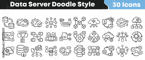 Thirty hand drawn doodle style icons representing essential concepts related to data server management technology and cloud computing processes