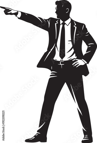 Businessman in a suit pointing forward with his arm extended, depicted in a bold black and white vector silhouette. The figure stands confidently with one hand on his hip