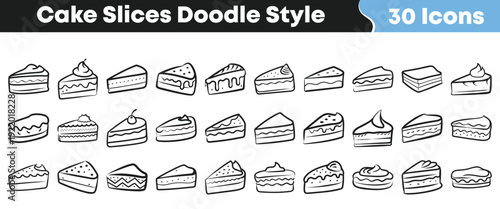 Collection of thirty black and white doodle style icons representing various delightful slices of cake for graphic design elements