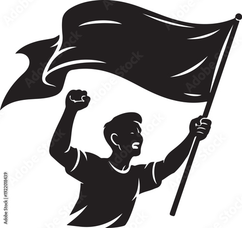Activist Waving Black Flag with Raised Fist Silhouette Illustration