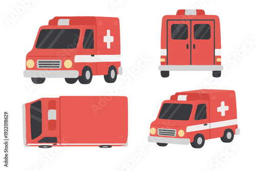 Red Medical Ambulance Truck Different Perspectives Front Back and Side View