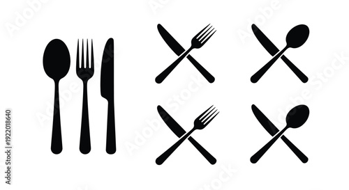 A collection of six minimalist black vector graphic icons representing various dining cutlery arrangements, perfect for restaurant menu design and food-related applications.