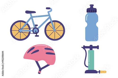 Bicycle Accessories Vector Set with Bike Helmet Water Bottle and Air Pump