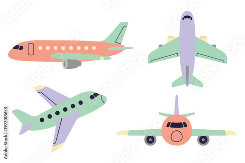 Commercial Airplane Set with Different Perspectives Front Top and Side View