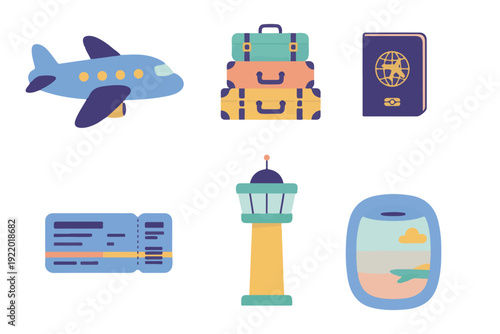 Travel and Airport Icon Set with Airplane Passport Luggage and Ticket
