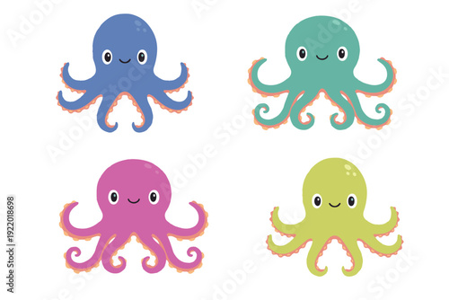 Cute Octopus Character Set in Various Colors Flat Vector Illustration