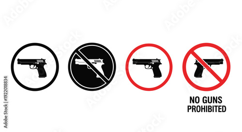 Essential vector graphic illustration displaying international symbols for firearm prohibition, restricted areas, and permitted gun access signage for public safety design.