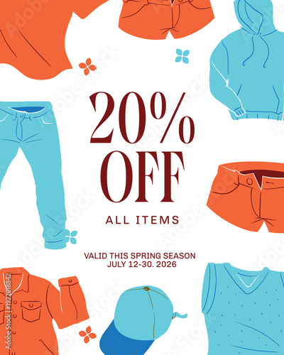 20% Off All Items Spring Sale Announcement with Clothing Graphics