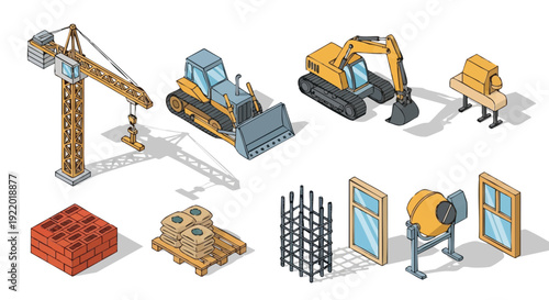 Isometric Construction Site Elements: Heavy Machinery, Building Materials & Tools Set