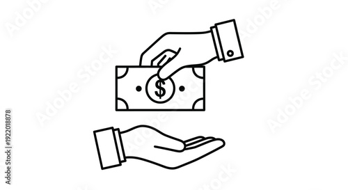 A clear vector illustration graphic depicting a hand giving a dollar bill to another open, receiving hand, symbolizing financial transactions and exchange.