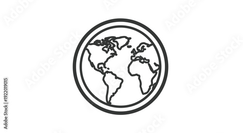 Simple black and white vector illustration graphic of a stylized globe icon inside two concentric circles representing global connection or outreach
