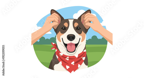 Two hands gently lift the pointed ears of a happy, brown and white dog wearing a red bandana, set against a green field and blue sky.