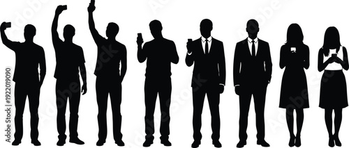 Black silhouette collection of diverse people using smartphones and taking selfies on white background, professional group, communication, social media, and modern technology lifestyle concept.