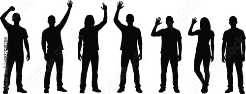 Black silhouette collection of four diverse people in frustrated poses on white background, men and women feeling confused, stressed, having headache, and problem concept.