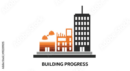 Building Progress & Development Stages Icon with Hard Hats - Construction Growth Illustration