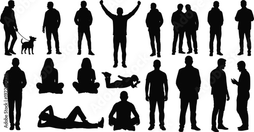 Black silhouette collection of people in various poses on white background, group of men and women standing, sitting, walking dog, and celebrating success concept.