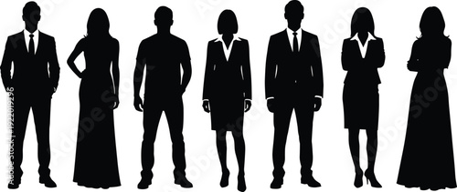 Black silhouette collection of people in various poses on white background, group of men and women standing, sitting, walking dog, and celebrating success concept.
