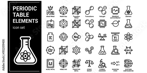 Periodic Table Elements Bold Line Icons-Alkali Metal Noble Gas Transition Metal Halogen Metalloid Atomic Weight Electron Config-25 Chemistry Icon Set Vector - Periodic Table Icons