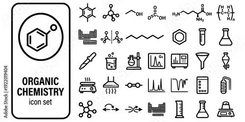 Organic Chemistry Bold Line Icons-Benzene Ring Methane Ethanol Carboxylic Acid Amino Acid Polymer Chirality Alkane-25 Organic Chemistry Icon Set Vector - Carbon Chemistry Icons