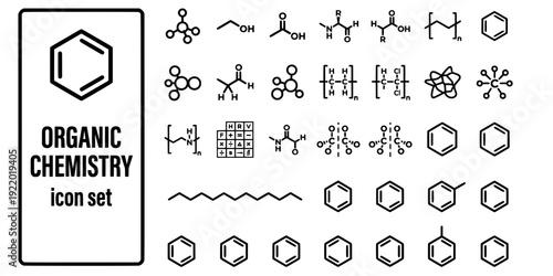 Organic Chemistry Bold Line Icons-Benzene Ring Methane Ethanol Carboxylic Acid Amino Acid Polymer Chirality Alkane-25 Organic Chemistry Icon Set Vector - Carbon Chemistry Icons