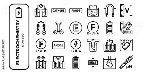 Electrochemistry Bold Line Icons-Galvanic Cell Cathode Anode Electrolysis Salt Bridge Faraday Battery Corrosion pH Electrode-20 Electrochemistry Icon Set Vector - Electro Icons