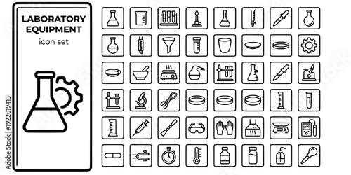 Laboratory Equipment Bold Line Icons-Erlenmeyer Flask Beaker Test Tube Bunsen Burner Pipette Burette Condenser Crucible-30 Lab Equipment Icon Set Vector - Chemistry Lab Icons
