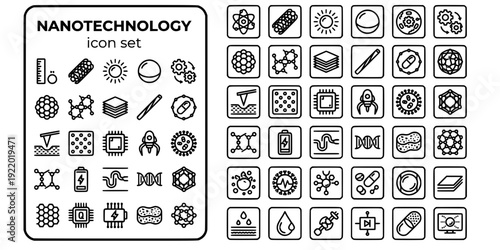 Nanotechnology Bold Line Icons-Carbon Nanotube Quantum Dot Nanoparticle Molecular Machine Self Assembly Nanowire Drug Delivery-20 Nanotechnology Icon Set Vector - Nano Science Icons