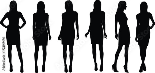 Black silhouette collection of six professional women standing in various poses on white background, business group, leadership team, fashion, and female empowerment concept, isolated.