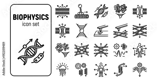 Biophysics Bold Line Icons-Membrane Elasticity Molecular Motor DNA Force Protein Folding Ion Channel Optical Tweezer AFM-20 Biophysics Icon Set Vector - Physical Biology Icons