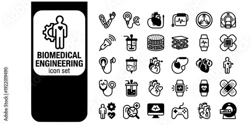 Biomedical Engineering Bold Line Icons-Prosthetic Cochlear Implant Pacemaker Heart Valve MRI Ultrasound Bioreactor Tissue Scaffold-25 Biomedical Icon Set Vector - Medical Engineering Icons