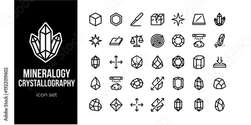 Mineralogy Crystallography Bold Line Icons-Crystal System Mohs Scale Cleavage Luster Streak Specific Gravity XRD Gemstone-20 Mineralogy Icon Set Vector - Crystal Science Icons