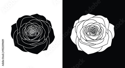 Simple yet elegant black and white vector illustration of a single open rose bloom displayed in opposing color schemes